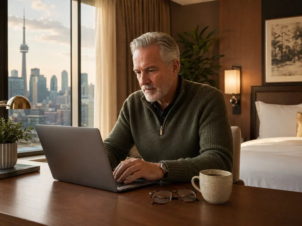 Mature traveller reviewing questions to ask when booking a hotel in Toronto