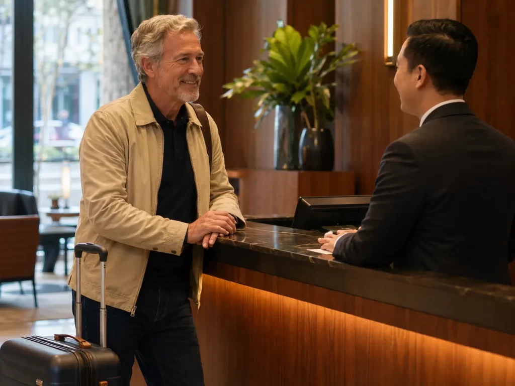 A traveler with a rolling suitcase smiles while speaking with a hotel front desk agent in a warmly lit lobby. The check in scene illustrates the type of stay travelers may consider when asking how much should I budget for Toronto hotels.