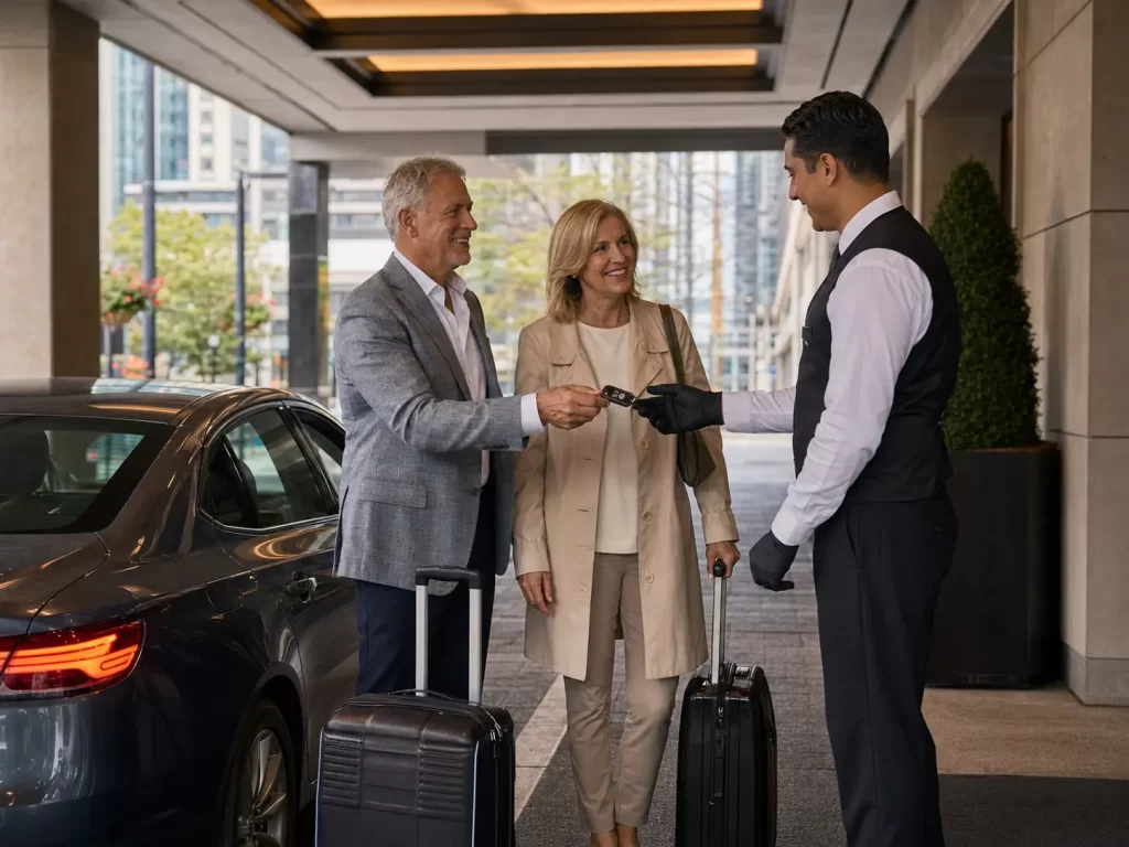 An older couple with rolling suitcases hands a car key to a hotel valet beside a dark sedan at the entrance. Valet parking and added guest services are examples of what affects Toronto hotel prices.