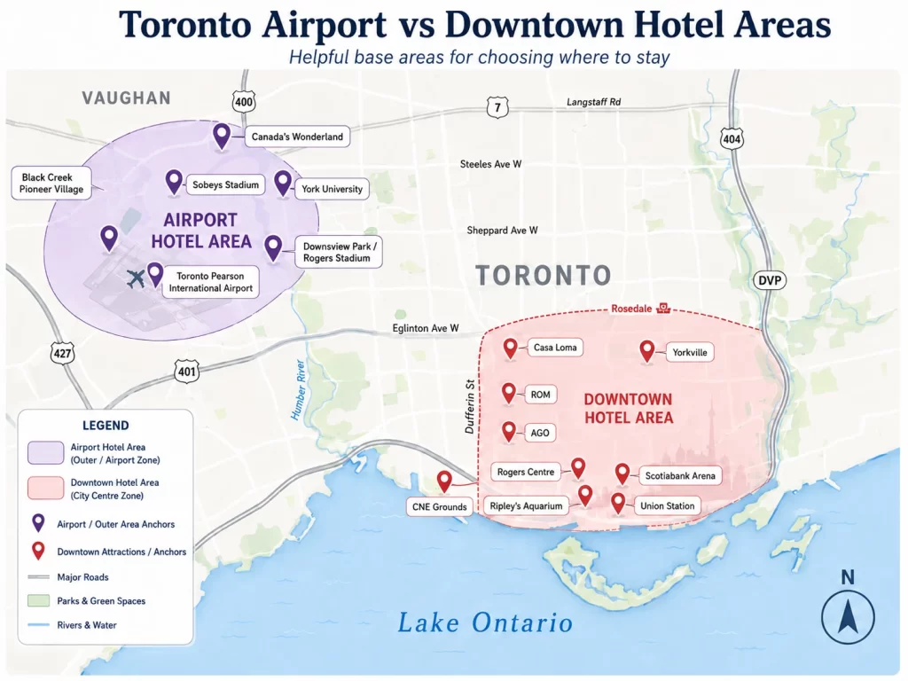 toronto airport hotel vs downtown A color coded Toronto map compares whether to choose an airport hotel or downtown Toronto location. The purple airport hotel area surrounds Toronto Pearson International Airport and nearby attractions while the red downtown hotel area covers central landmarks along Lake Ontario. Text reads "Toronto Airport vs Downtown Hotel Areas". "Helpful base areas for choosing where to stay".