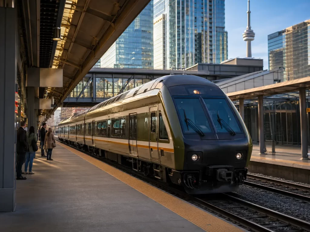 A passenger train waits at a downtown Toronto station with the CN Tower and glass skyscrapers in the background. Hotels near major transit hubs and central attractions may have a higher Toronto hotel cost per night.