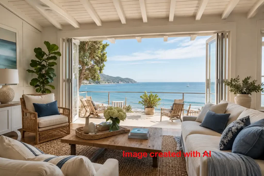 Bright coastal living room with white sofas and woven chairs around a wooden coffee table. Wide folding doors open to a sunny patio with lounge chairs and a calm ocean view for long stay vacations for senior travelers.