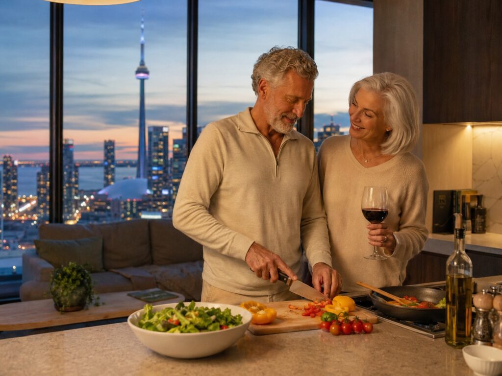 Older couple preparing a meal together in a modern high rise kitchen while the Toronto skyline and CN Tower glow through floor to ceiling windows at dusk. The spacious kitchen and city view highlight features travellers may value when choosing Toronto vacation rentals.