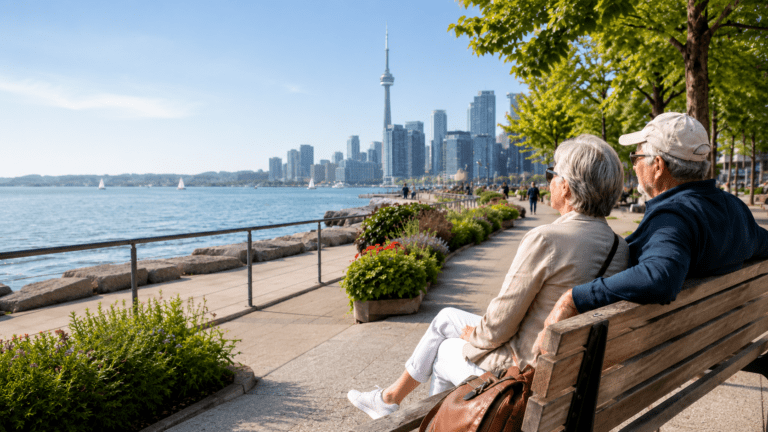 An older couple sits on a waterfront bench overlooking Lake Ontario and the Toronto skyline with the CN Tower in the distance. Sailboats flower beds and a paved promenade create a calm setting that helps illustrate the best Toronto area for older travellers.