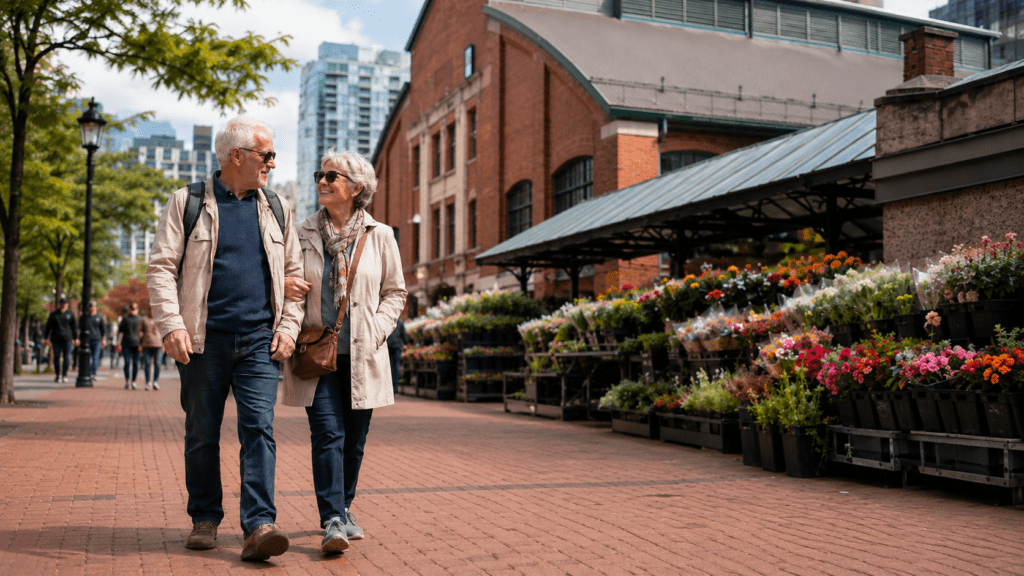 An older couple walks arm in arm along a broad brick pedestrian path beside colorful flower stalls and a historic red brick market building. The lively Toronto streetscape offers useful context for travelers researching where to stay in Toronto with limited mobility.