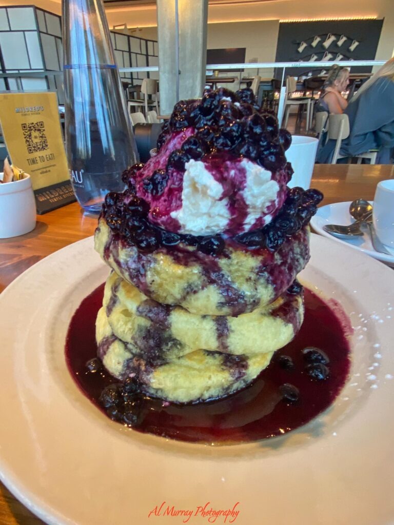 toronto hotels with breakfast included A towering stack of fluffy pancakes is covered with blueberry compote and topped with whipped cream and fresh blueberries at a bright Toronto restaurant. The indulgent brunch spread offers inspiration for travelers comparing the best Toronto hotels with breakfast and nearby morning dining options. Visible text reads "Mildreds Temple Kitchen" "Time to Eat" and "Al Murray Photography".