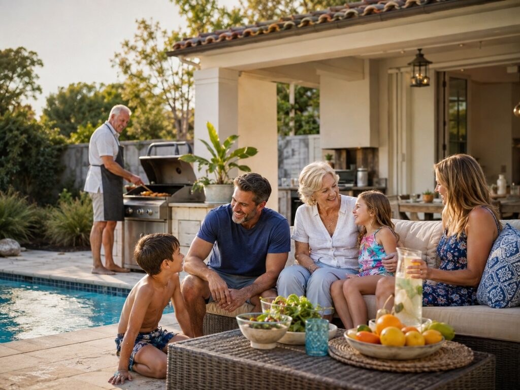 Multigenerational family relaxing beside a backyard swimming pool while an older man grills food at an outdoor kitchen. The spacious patio. pool. and shared dining area show features families may value when choosing family accommodation in Toronto.