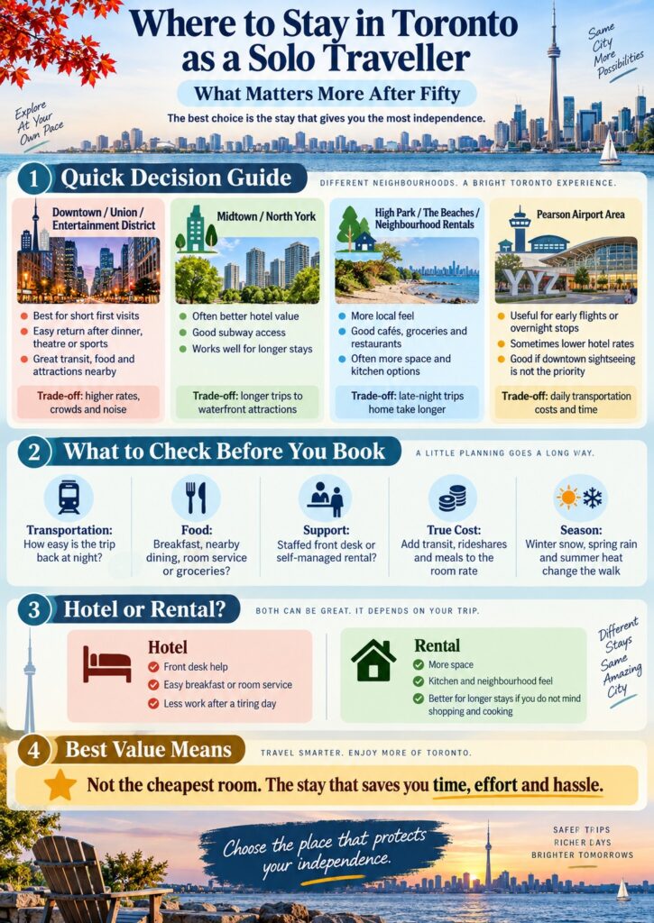 where to stay in Toronto as a solo traveller Toronto travel infographic with the CN Tower and waterfront skyline explaining where to stay in Toronto as a solo traveller with four neighbourhood choices booking considerations and a hotel versus rental comparison.