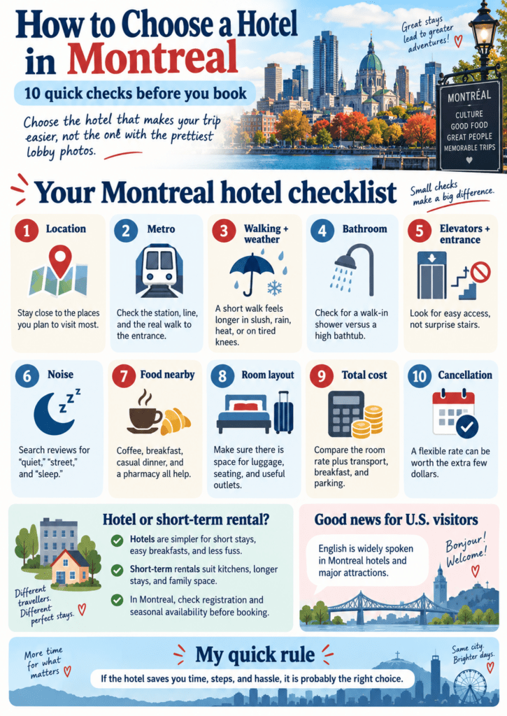 Illustrated Montreal hotel checklist with the city skyline and autumn colours explaining how to choose a hotel in Montreal through ten practical booking checks. "How to Choose a Hotel in Montreal". "10 quick checks before you book". "Choose the hotel that makes your trip easier. not the one with the prettiest lobby photos.". "Great stays lead to greater adventures.". "MONTRÉAL". "CULTURE". "GOOD FOOD". "GREAT PEOPLE". "MEMORABLE TRIPS". "Your Montreal hotel checklist". "Small checks make a big difference.". "1 Location". "Stay close to the places you plan to visit most.". "2 Metro". "Check the station. line. and the real walk to the entrance.". "3 Walking and weather". "A short walk feels longer in slush. rain. heat. or on tired knees.". "4 Bathroom". "Check for a walk in shower versus a high bathtub.". "5 Elevators and entrance". "Look for easy access. not surprise stairs.". "6 Noise". "Search reviews for quiet. street. and sleep.". "7 Food nearby". "Coffee. breakfast. casual dinner. and a pharmacy all help.". "8 Room layout". "Make sure there is space for luggage. seating. and useful outlets.". "9 Total cost". "Compare the room rate plus transport. breakfast. and parking.". "10 Cancellation". "A flexible rate can be worth the extra few dollars.". "Hotel or short term rental.". "Hotels are simpler for short stays. easy breakfasts. and less fuss.". "Short term rentals suit kitchens. longer stays. and family space.". "In Montreal. check registration and seasonal availability before booking.". "Different travellers. Different perfect stays.". "Good news for U.S. visitors". "English is widely spoken in Montreal hotels and major attractions.". "Bonjour. Welcome.". "More time for what matters". "My quick rule". "If the hotel saves you time. steps. and hassle. it is probably the right choice.". "Same city. Brighter days.".
