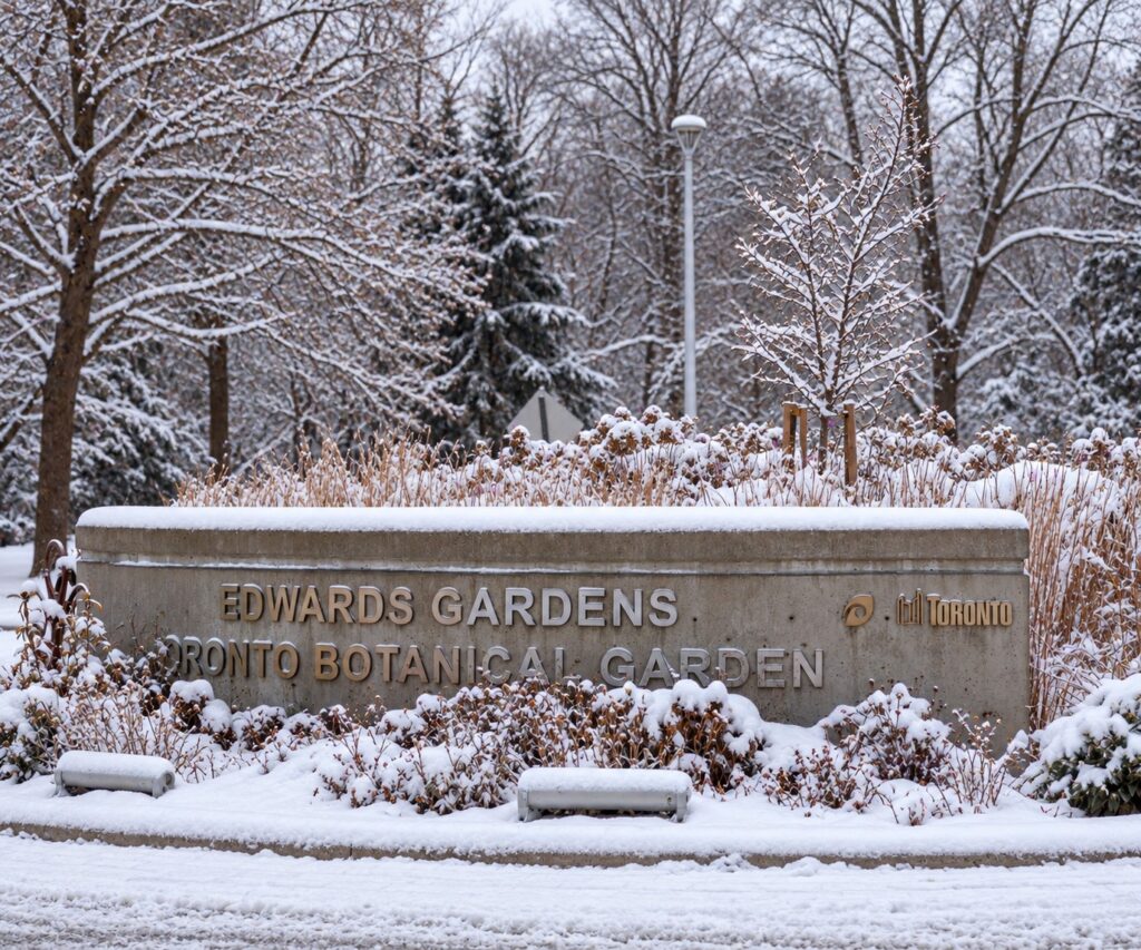 things to do in Toronto indoors Snow covered entrance sign reads "EDWARDS GARDENS TORONTO BOTANICAL GARDEN" surrounded by snow laden plants and bare winter trees. Fresh snow blankets the garden landscape around the sign.