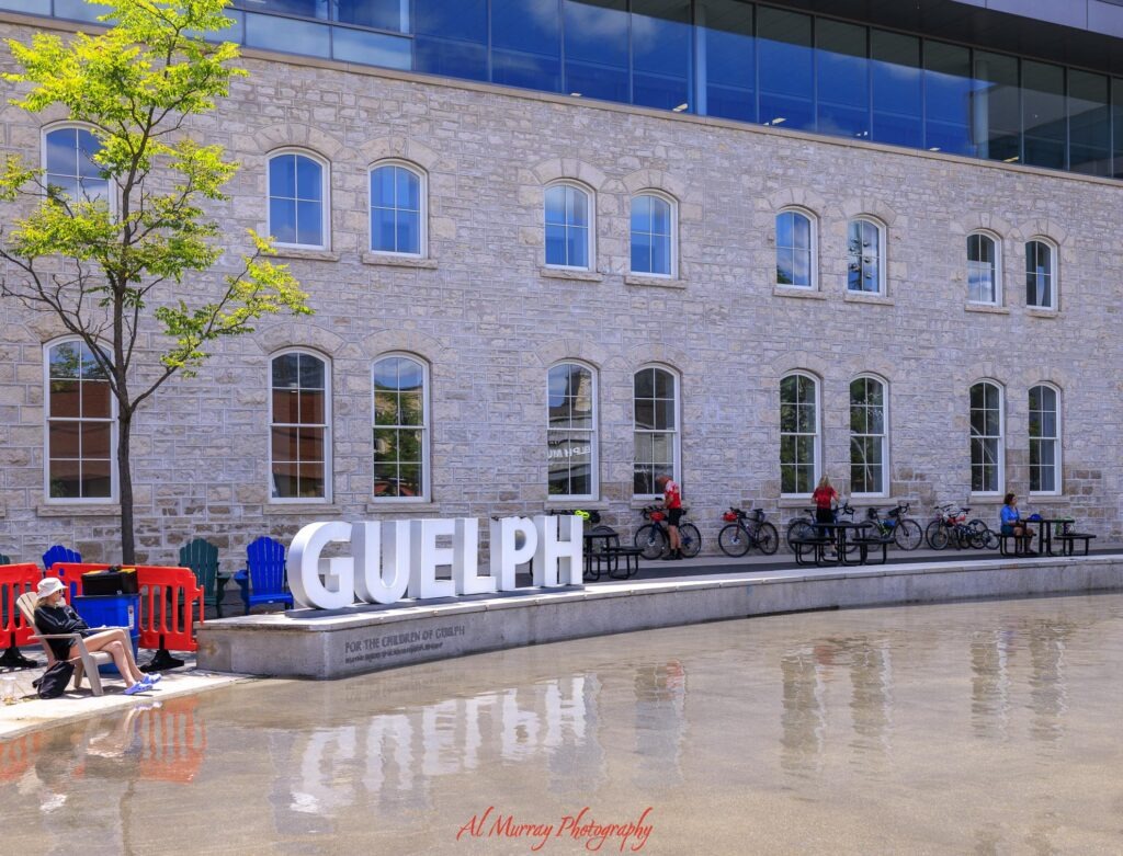 Large white letters spelling "GUELPH" sit beside a shallow reflecting pool in front of a historic stone building with modern glass above it. The downtown landmark marks your arrival in the city when figuring out how to get to Guelph from Toronto