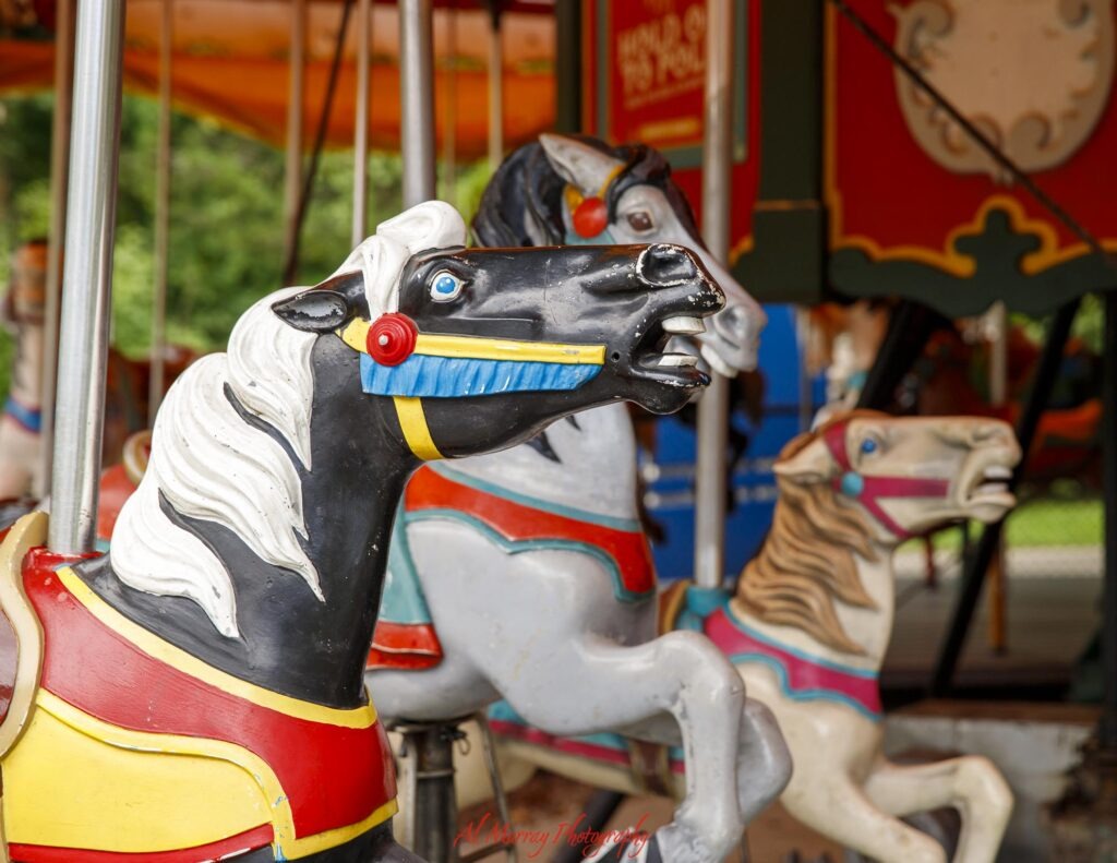 Colorful vintage carousel horses with painted bridles and saddles fill the frame at a family attraction in London Ontario. The classic merry go round is one of the family friendly things to do in London Ontario.