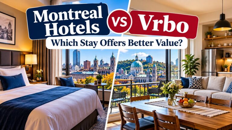 Split screen comparison of a Montreal hotel room with a king bed and blue bedding on the left and a Vrbo vacation rental with a spacious living and dining area on the right. Both overlook Montreal landmarks and autumn foliage with the headline "Montreal Hotels vs Vrbo. Which Stay Offers Better Value?