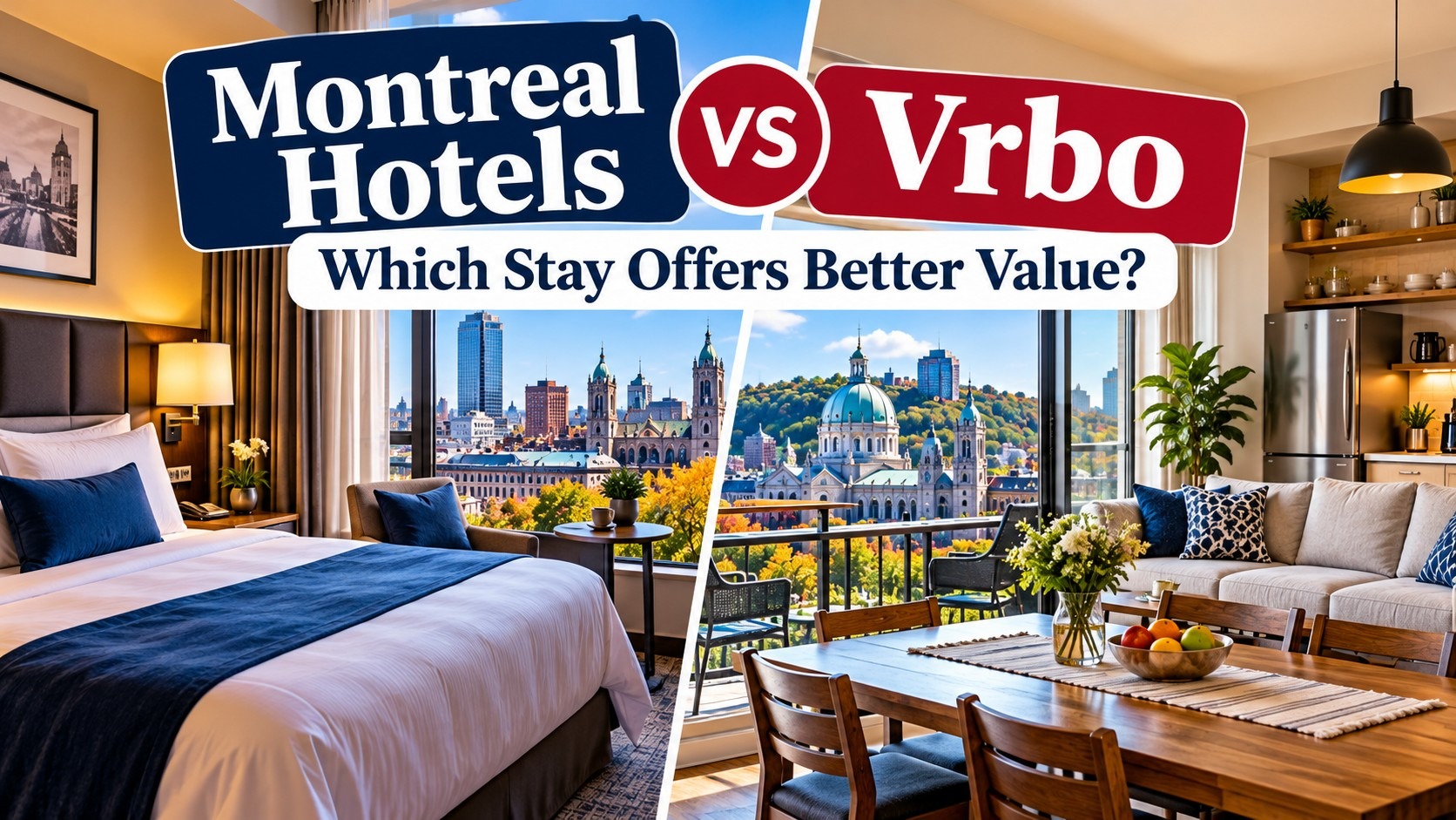 Split screen comparison of a Montreal hotel room with a king bed and blue bedding on the left and a Vrbo vacation rental with a spacious living and dining area on the right. Both overlook Montreal landmarks and autumn foliage with the headline "Montreal Hotels vs Vrbo. Which Stay Offers Better Value?