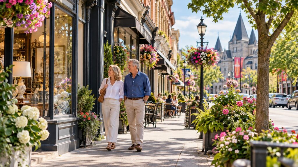 day trip to Stratford Ontario A couple strolls along a flower lined downtown sidewalk in Stratford Ontario past elegant storefronts and patio tables on a sunny day. Hanging baskets overflow with pink blooms and historic stone towers rise in the background, capturing the charm of a day trip to Stratford Ontario.
