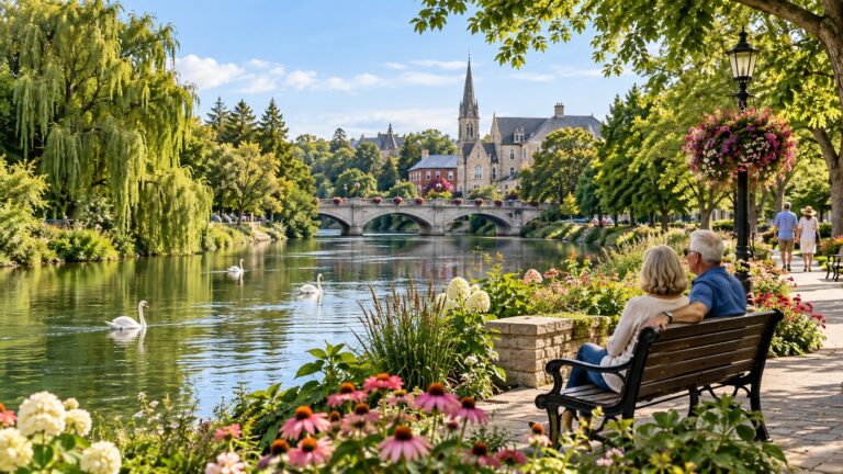 Swans glide along a calm river beside flower filled gardens and a tree shaded walking path in Stratford Ontario. A couple relaxes on a waterfront bench with an arched stone bridge and historic buildings in the distance during a day trip to Stratford Ontario.