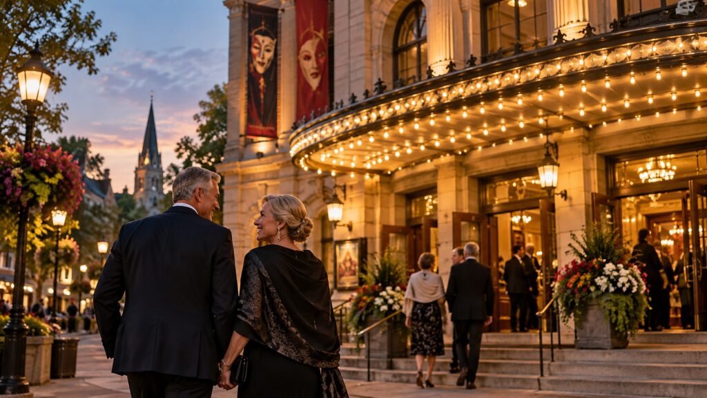 day trip to Stratford Ontario A couple dressed for an evening performance walks toward a brightly lit theatre entrance in Stratford Ontario as other guests arrive beneath the glowing marquee. The elegant nighttime scene captures the experience of traveling from Toronto to Stratford Festival for a show.