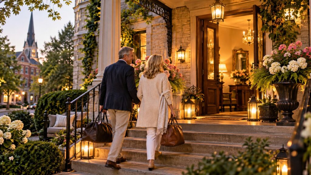 day trip to Stratford Ontario A couple carrying overnight bags walks up the steps of an elegant inn in Stratford Ontario as lanterns glow around the flower filled entrance at dusk. The welcoming arrival scene fits a guide explaining how to get to Stratford from Toronto and where to stay once you arrive.