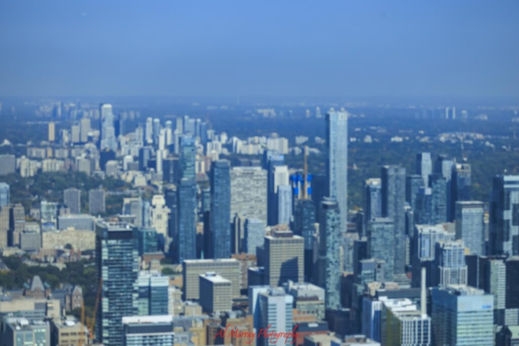 Elevated view of the Toronto skyline with clusters of high rise buildings stretching into the distance under a clear blue sky. Taking in sweeping city views like this is one of the memorable Bloor Yorkville things to do while exploring the neighbourhood.