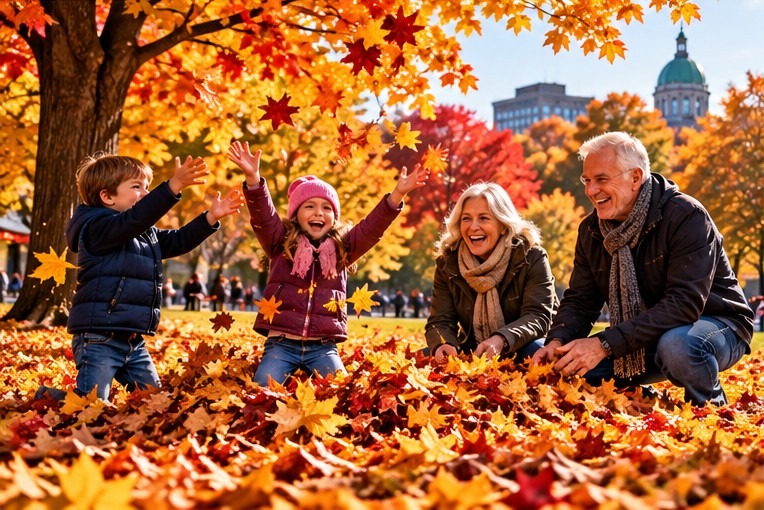Two children joyfully toss colorful autumn leaves into the air while their smiling grandparents play alongside them in a Montreal park. Brilliant orange and red fall foliage surrounds the family with a domed historic building in the background highlighting the family friendly outdoor experiences available when staying in Montreal vacation rentals.