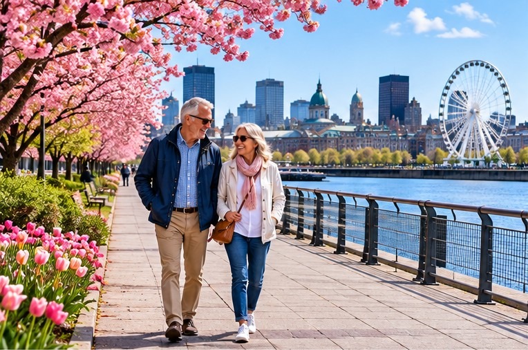 An older couple wearing sunglasses strolls along a sunny Montreal waterfront promenade lined with pink cherry blossoms and colorful tulips. The Montreal skyline and a large Ferris wheel rise across the water showcasing scenic attractions within reach of downtown Montreal vacation rentals.