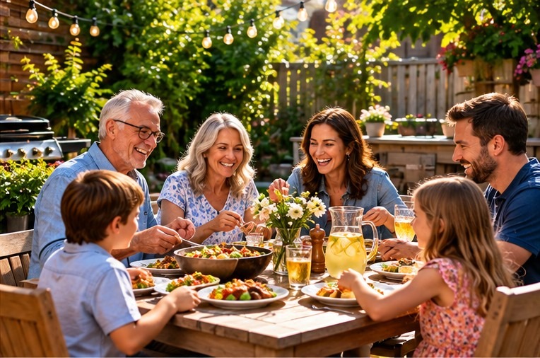 Three generations of a family enjoying a meal together around a wooden patio table in a sunny backyard with string lights and lush greenery. The spacious outdoor dining area highlights the appeal of a Vrbo vacation rental for families comparing Montreal hotels vs Vrbo for a group stay.